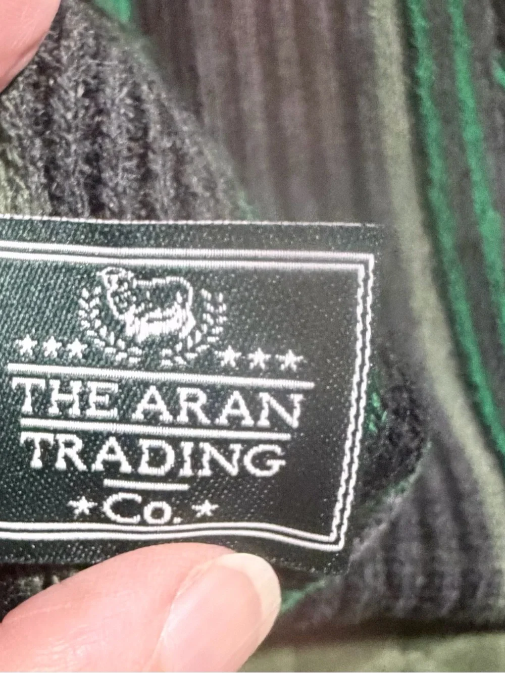The Aran Trading Company green black striped wool fringed scarf